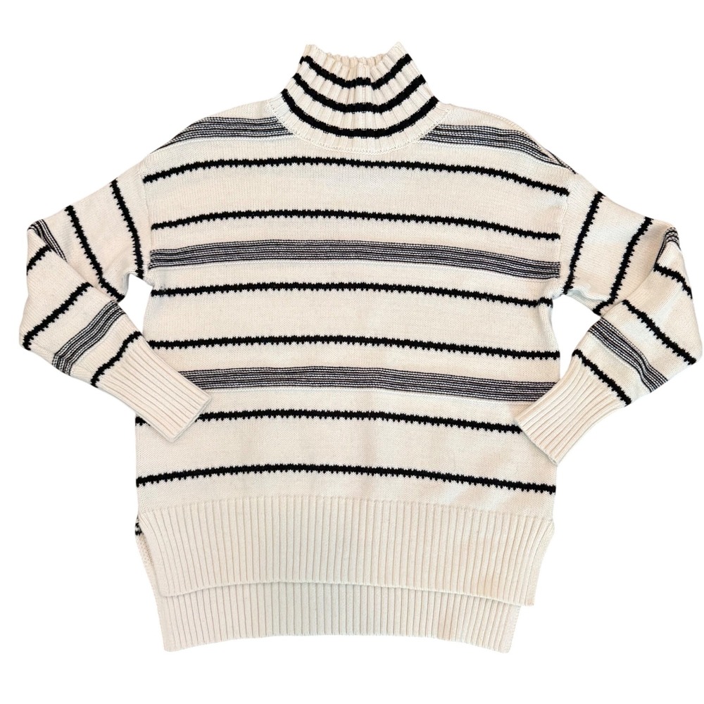LOFT Stripe Mock Neck Turtleneck Sweater Cream Black High-Low Hem Size M Coastal